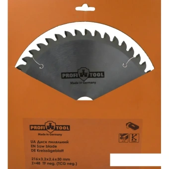 Диск пильный по алюминию 216х3.2х2.6х30 мм, Z=48, форма зуба TFneg, поперечный рез PROFITOOL