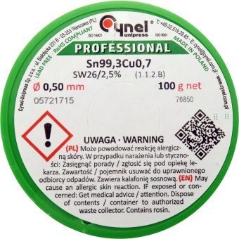VOREL Припій без свинцю CYNEL : Ø0,5 мм, Sn99,3-Cu0,7 дротяний на котушці з флюсом m= 100 г  | 76850