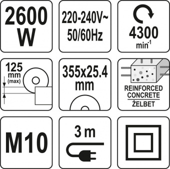 YATO Різак по бетону і силікату ел.-мереж. 23В YATO; 2600Вт, диск Ø=355/25,4мм, макс глиб різа- 125м