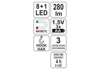 YATO Ліхтар LED на батарейки 3Х АА, 8 + 1 діод , гак + магніт , 3 режими світла  | YT-08513