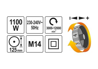 YATO Шліфмашина кутова мережева- 230В YATO: P=1100Вт, Ø=125мм, з регул. обертів- 3000-12000 об/х  | 