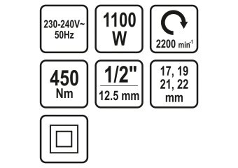 STHOR Гайковерт ударний мережевий до квадр. 1/2", P=1100 Вт, F=450 Nm, торц- 17, 19, 21, 22 мм  | 57