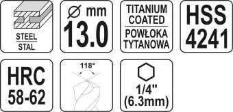 YATO Свердло фрезерувальне по металу YATO : HSS-TIN, Ø= 13 мм, l= 120 мм, HEX - 1/4"  | YT-44831