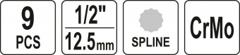 YATO Набір насадок викруткових ударних YATO : SPLINE M4-M16. квадрат 1/2"; CrMo, 9 Од + кейс | YT-10
