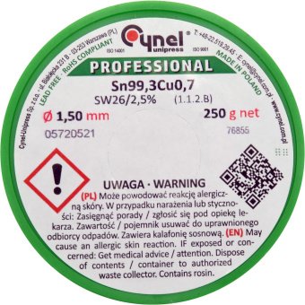 VOREL Припій без свинцю CYNEL : Ø1,5 мм, Sn99,3-Cu0,7 дротяний на котушці з флюсом m= 250 г  | 76855