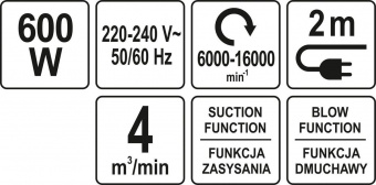 YATO Порохотяг мережевий YATO: 600Вт, 16000 об/хв, продуктивність- 4 м³/хв, кабель l= 2 м + 2 насадк