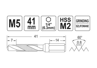 YATO Свердло-мітчик YATO М5 х 0.8 мм, HSS М2, HEX-1/4", l= 41/7 мм  | YT-44842