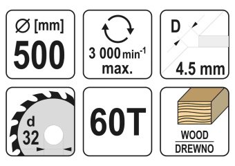 YATO Диск пиляльний по дереву YATO: 500x32x4.5 мм, 60 зубців, R.P.M до 3000 1/хв  | YT-60871