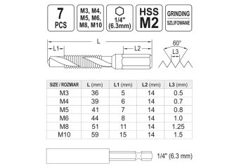 YATO Набір свердл-мітчиків YATO М3-М10, HSS М2, HEX-1/4", з подовжувачем l= 60 мм, 7 шт  | YT-44849