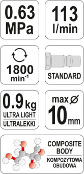 YATO Дриль пневматичний YATO з цангою для свердл Ø≤1мм; роб. тиск- 6,3Bar з подачою повітря-113 л/хв