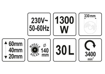 YATO Газонокосарка на 4-х колесах електромережева YATO, 1300 Вт, обрізний діап. Ø= 33 см, ємн.- 30 л