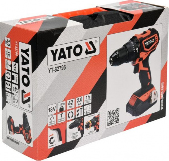 YATO Шуруповерт-дриль ударний безщітковий акумуляторний YATO : 18 В. Li-Ion, F= 42Нм, 2 АГ, Ø≤13 мм 
