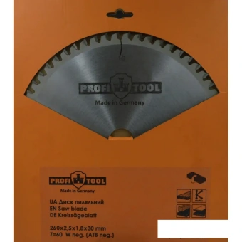 Диск пильный по дереву 260х2.5х1.8х30 мм, Z=60, форма зуба Wneg (ATBneg), поперечный рез PROFITOOL