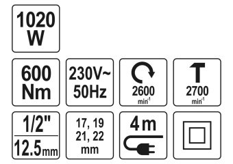 YATO Гайковерт ударний мережевий YATO: 1/4" HEX x 1/2" F, 1020Вт, 600Нм, 2600 об/хв +4 головки і кей