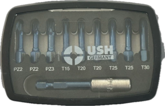 Набір насадок викруткових Blueshock USH: 1/4"х 30 мм, PZ2-3; T15-20-25-30, магнітний тримач, 10 ел.