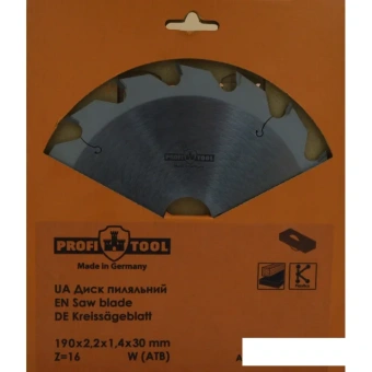 Диск пильный по дереву 190х2.2х1.4х30 мм, Z=16, форма зуба W (ATB), продольный рез PROFITOOL