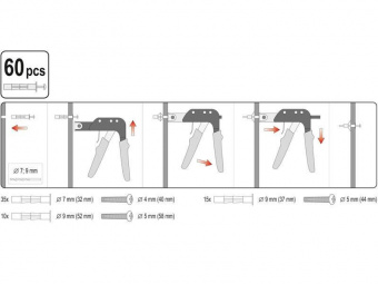 YATO Заклепочник дюбелів "Molly" YATO з 60 дюбелями  | YT-51451