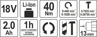 YATO Шуруповерт-дриль ударний акумулят. Li-Ion YATO: V18В, крутн.мом.- 40 Нм, 2 Агод, патрон Ø≤13 мм