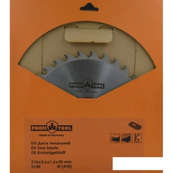 Диск пильный по дереву 210х2.6х1.6х30 мм, Z=30, форма зуба W (ATB), продольный рез PROFITOOL