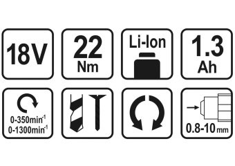 STHOR Шуруповерт акумуляторний : 18V Li-Ion. 2 акум. 1,3 АхГод, КМ- 22 Nm, патрон Ø≤10 мм  | 78972
