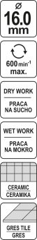 YATO Свердло по гресу і кераміці YATO, Ø= 16 мм, при сухому і мокрому режимах  | YT-60427