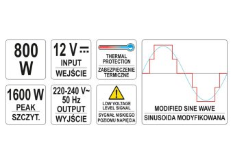 YATO Перетворювач напруги YATO з джерела 12 В DC в 230 В, 800 Вт AC  | YT-81491