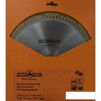 Диск пильный по дереву 250х3.2х2.2х30 мм, Z=80, форма зуба Wneg (ATBneg), поперечный рез PROFITOOL