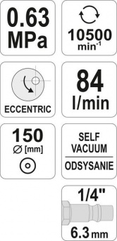 YATO Шліфмашина пневматична YATO ексцентрикова для шлангу Ø=1/4", 10500 об/хв. Ø=150 мм, 0,63 MPa  |