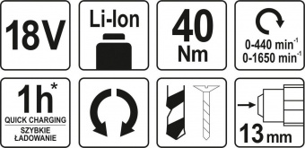 YATO Шуруповерт-дриль акумуляторний YATO : 18V, Li-Ion, KM- 40 Нм, патрон Ø≤13 мм (БЕЗ АКУМУЛЯТОРА) 