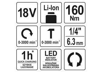 YATO Шуруповерт ударний акумул. YATO 18 В, крутн.мом.- 160 Нм, патрон з квадр. 1/4" (БЕЗ АКУМУЛЯТОРА