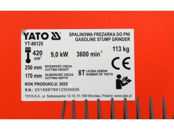 Подрібнювач пнів бензиновий YATO 9 кВт, двиг- 420 см3, вис/глиб зрізу- 25/ 17см, бак- 6,5 л, на 3 ко