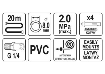 YATO Шланг пневматичний ПВХ на котушці YATO з швидкоз'єдн. наконеч-ми 1/4", Ø=8мм, тиск- 20Bar, l=20