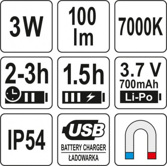YATO Лампа світлодіодна YATO : 3.7 В Li-Po 1.5 Агод, 3 Вт, 100 lm, гнучкий тримач з магнітом  | YT-0