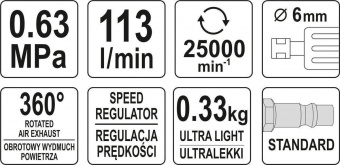 YATO Шліфмашина пневматична, пряма YATO зі шпинделем Ø= 6 мм, Ø= 1/4", 6.3 Bar, 113 л/хв  | YT-09633