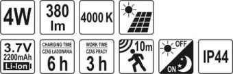 YATO Прожектор діодний з датчиком руху YATO : сонячна батарея, Li-Ion 3,7 В ; P= 4 Вт, Ф= 380 lm  | 