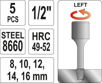 YATO Набір екстракторів YATO : квадрат 1/2". Ø= 8-16 мм, для гвинтів 8660 HRC 49-52. 5 Од.  | YT-062