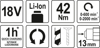 YATO Шуруповерт-дриль безщітков акумул. YATO: 18В, крутн.мом.- 42Нм, патрон Ø≤13 мм (БЕЗ АКУМУЛЯТОРА