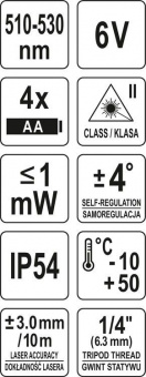 YATO Нівелір лазерний самонівелюючий YATO : 5 променів, точність- ±3 мм/ 10 м, верт./гориз. промені 