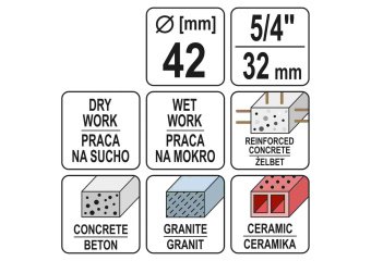 YATO Свердло корончате по каменю, бетону YATO: Ø= 42 мм, l=430 мм, з алмазн. пругами, хвостовик- М32