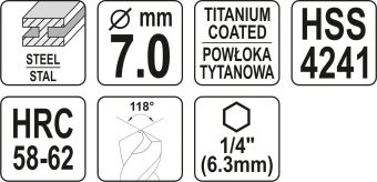 YATO Свердло фрезерувальне по металу YATO : HSS-TIN, Ø= 7 мм, l= 92 мм, HEX - 1/4"  | YT-44825
