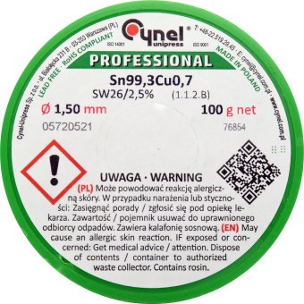 VOREL Припій без свинцю CYNEL : Ø1,5 мм, Sn99,3-Cu0,7 дротяний на котушці з флюсом m= 100 г  | 76854
