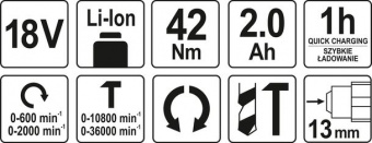 YATO Шуруповерт-дриль ударний безщітковий акумуляторний YATO : 18 В. Li-Ion, F= 42Нм, 2 АГ, Ø≤13 мм 