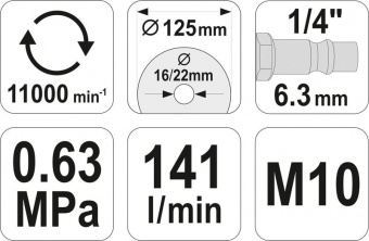 YATO Шліфмашина пневматична, кутова YATO для диска Ø= 125 мм, М10, сполуч, Ø= 1/4", 6,3 Bar, 141 л/х