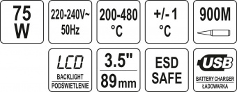 YATO Паяльна станція мережева YATO; Р=75Вт, t°= 200-480°С, жало тип 900М, LCD табло з USB заряджання