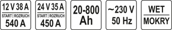 YATO Пуско-зарядний пристрій YATO : акумулятор 12/24 В, 60-540 А, 20-800 Аh, 230 В  | YT-83062