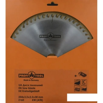 Диск пильный по дереву 254х3.2х2.2х30 мм, Z=60, форма зуба KW (ATB), продольный рез PROFITOOL