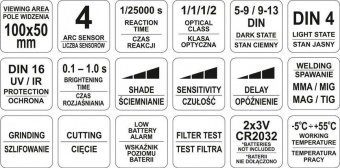 YATO Маска зварювальника YATO з автозатемнювальним світлофільтром, 100 х 50 мм  | YT-73925
