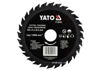 YATO Диск-фреза відрізний YATO по дереву, ПВХ, гіпсу; Ø=125/22.2 мм, h=5 мм  | YT-59161