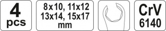 YATO Ключі накидні YATO : Відкриті, М= 8х10-15х17 мм, Набір 4 шт.  | YT-0143