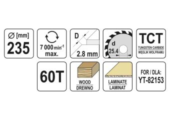 YATO Диск пиляльний победітовий по дереву YATO: 235x25.4x2.8x1.8мм, 60 зубців, R.P.M до 7000 1/хв  |